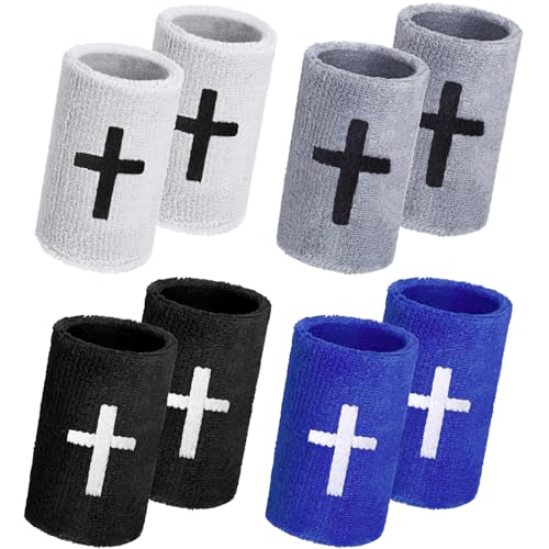 Shyyween 4 Sets Cross Sports Wristbands Christian Faith Inspirational Wristbands Absorbent Sweat Band Polyester Cotton Wrist Bands for Football Basketball Baseball Running Gym(Mixed Color)
