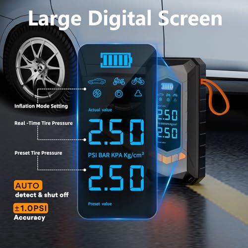 Image of 180 PSI Tire Inflator Portable Air Compressor, 8X Faster Portable Air Pump with Powerful Battery, Digital Pressure Gauge for Cars, Bikes & Motorcycle Tires, Ball