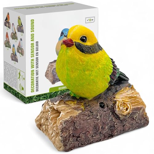 MIJOMA Oiseau décoratif avec gazouillis d'oiseaux et détecteur de mouvement - Oiseau gazouillant sur AST, peint à la main, 13 cm, fonctionne sur piles -...