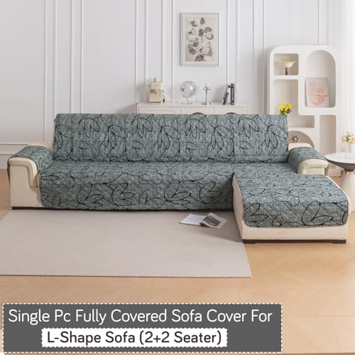 Image of HOKIPO 'Elira Series' Printed Quilted One-Piece L Shape 4 Seater (2+2) Sofa Cover with Right Chaise | Anti-Slip Design, Intense Grey Abstract Floral (AR-6228-C2)