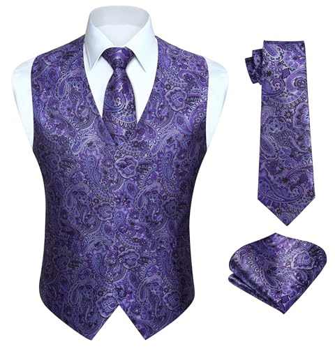 Image of HISDERN Vest and Tie Sets for Men Vests Paisley Floral Jacquard Necktie Pocket Square 3PCS Waistcoat for Suit or Tuxedo