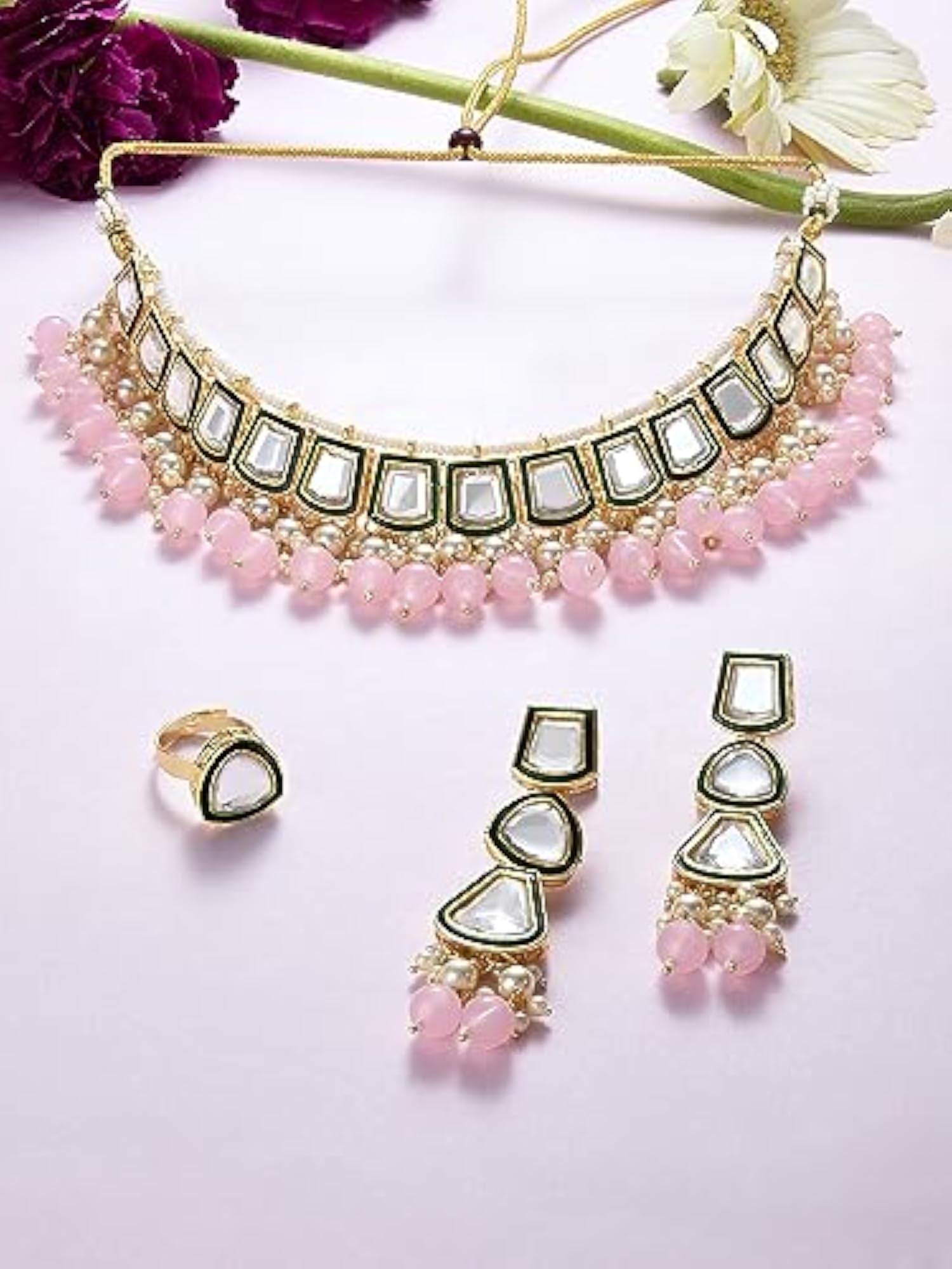 Women's Cluster Beaded Kundan Choker Necklace Earring & Ring Set