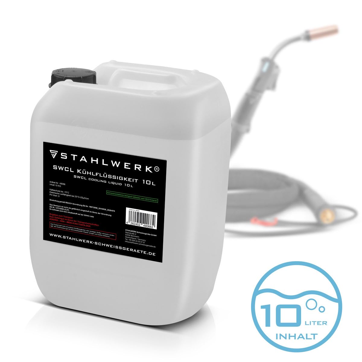 STAHLWERK SWCL Kühlflüssigkeit 10 l Kanister, Kühlmittel 25 µS/cm bis -15°C | Kühlwasser für Wasserkühler und wassergekühlte Schlauchpakete von Schweißgeräten und Plasmaschneidern zur Wasserkühlung