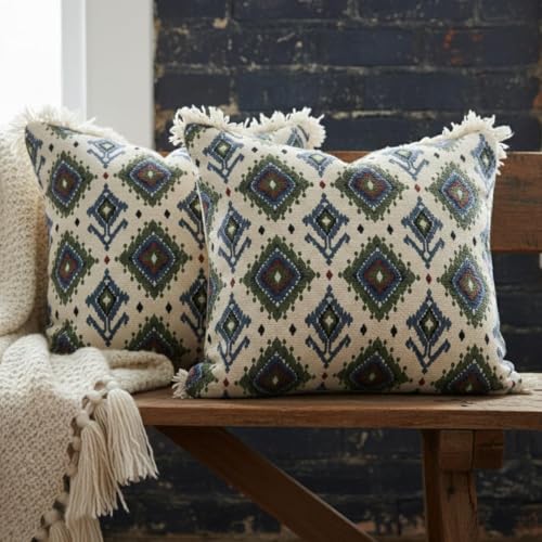 Image of Cotton Cushion Covers 16x16 Inch | Handwoven Printed White Decorative Square Cushion Case with Fringe | Sofa, Living Room, Bedroom, Diwan Home Decor Throw Cushion Cover