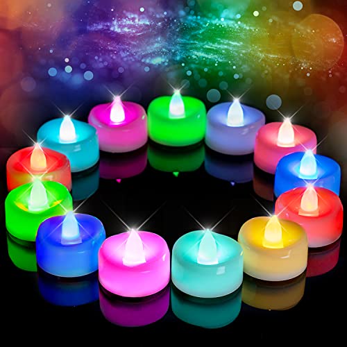 Image of merrynights Flameless Candles, 12-Pack Color Changing Tea Lights Candles Battery Operated, Long-Lasting 200+ Hours Flameless Tealight Candles for Halloween Christmas Holiday Decor, 1.5'' D X 1.25'' H