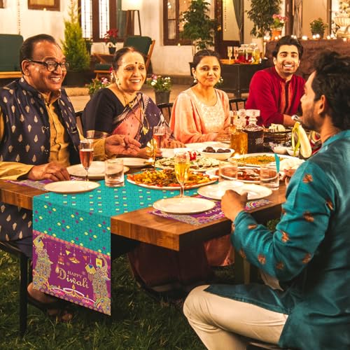 Howaf Happy Diwali Table Runner With Diwali Place Mat For Festival Of Lights Party Decoration, Diwali Diya Table Liner With Placemats For Indian Deepavali Diwali Rangoli Dining Supplies,Set Of 5 thumb #4