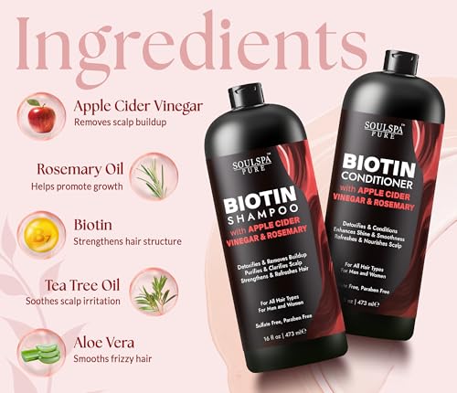 Image of SOULSPA PURE Apple Cider Vinegar Biotin Shampoo and Conditioner Set - ACV Clarifying Scalp Care with Rosemary Oil & Keratin - Sulfate Free for Oily, Thinning Hair - 16 fl oz Each