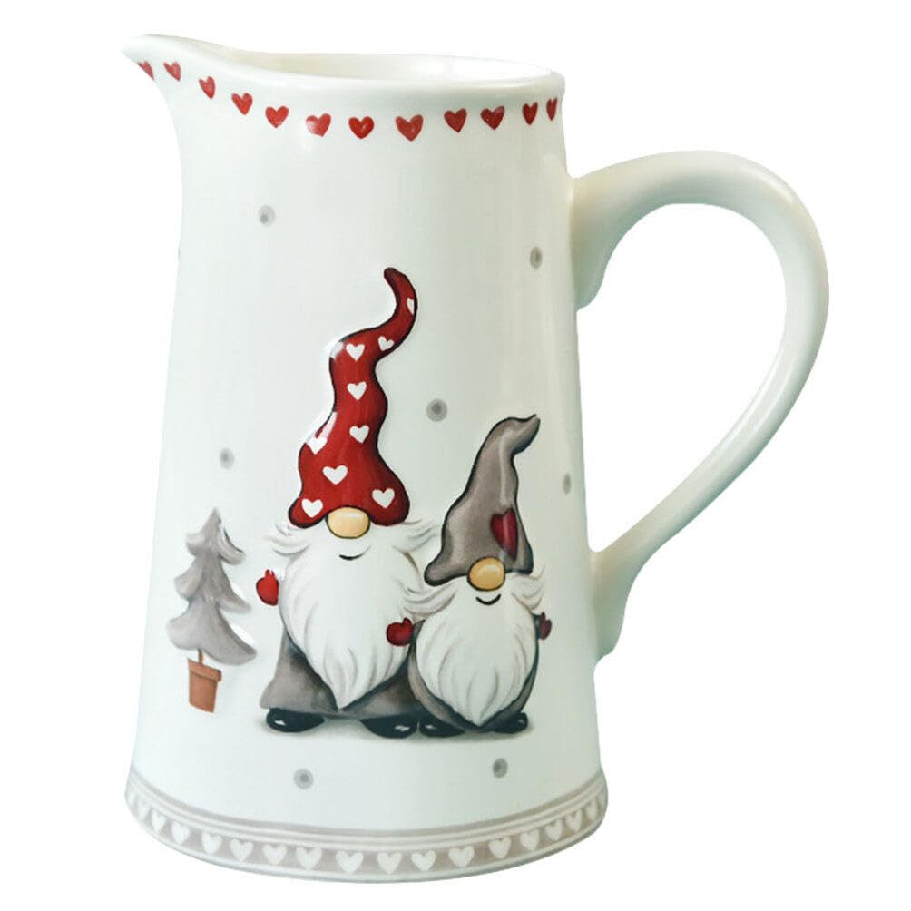 BESTonZON Christmas Pitcher,Holiday Ceramic Drink Pitcher Festive Serving Pitcher Gnome Pattern Milk Can Jug Cold Water Kettle Carafe with Handle for Cocktails, Water, Juice, Lemonade