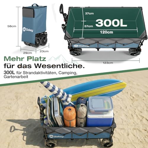Sekey XXXL Bollerwagen Faltbar 300L 200KG Belastbar, verlängerter Faltbollerwagen mit Extra Breite 17x10 cm All-Terrain-Räder Handwagen, Patentiert 4-Wege-Sofortaufbau Transportwagen, Blau mit Grau