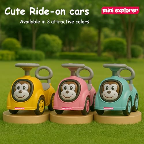 Image of MiniExplorer Monkey Ride-On Toy Car for Kids | Push Ride Car with Music, Horn, Backrest, Safety Guard, Under Seat Storage & Big Wheels | Baby Ride-On for 1-3 Years Boys & Girls - Yellow