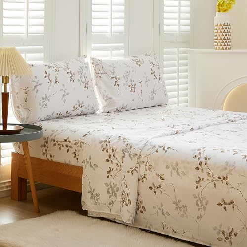 Vaulia Soft Cooling Microfiber Branches and Floral Print Pattern Sheet Sets, White/Light Grey Color King Size (2 Pillowcases 1 Fitted Sheet 1 Flat Sheet)