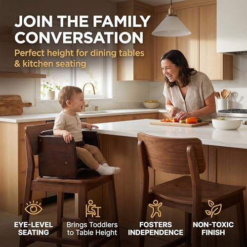 Image of Dark Brown Wooden Dining Seat Riser for Restaurant Chairs - Stackable Rubberwood Seat Platform with Chair Strap & Non-Slip Pads, Commercial Restaurant Seating Accessory