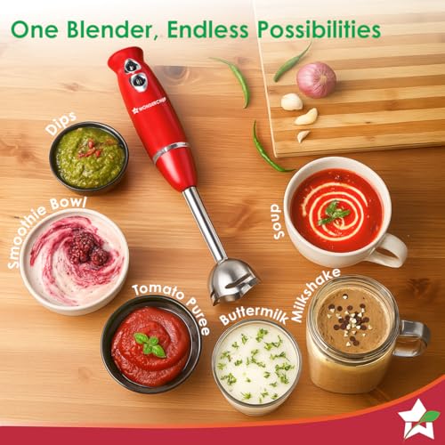 Image of Wonderchef Regalia Hand Blender Mixer | 350W | Sharp Stainless-Steel Blades | Dual Speed Settings | for Hot & Cold Blending | Detachable Blending Arm | 2-Year Warranty | Red