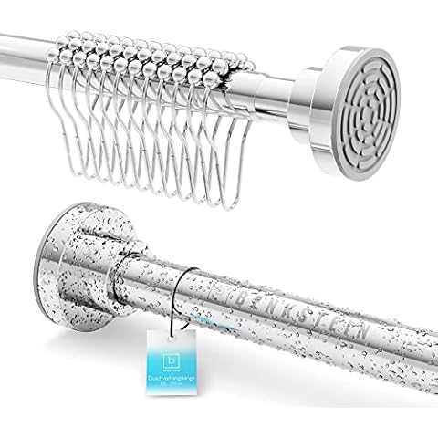 Benkstein® ausziehbare Duschstange ohne Bohren 125-220 cm - Edelstahl Duschvorhangstange 12 Ringe - Teleskop Klemmstange stabil Vorhangstange ohne bohren Duschstange Duschvorhangstange ohne bohren Cover