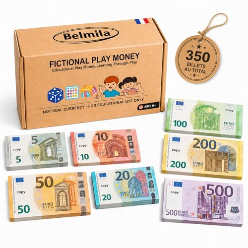 BELMILA® – Argent éducatif factice – 350 Billets – 50 de Chaque Coupure 5,10, 20, 50, 100, 200, 500 – Jeu pédagogique Montessori – Apprentisage du...