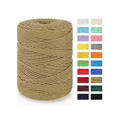Macrame Cord 4mm x 328yd | 100% Natural Cotton Macrame Rope | 4 Strand Twisted Cotton Cord for DIY Crafts Knitting Plant Hangers Wedding Decor, Khaki