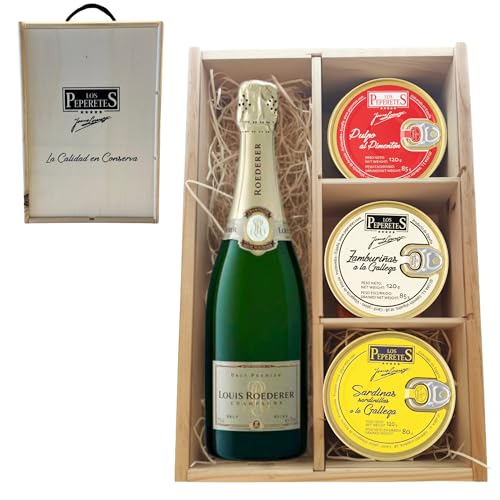 LOS PEPERETES Pack Gourmet Marisco Gallego con Champagne Roederer | Pulpo al Pimentón ×2 · Zamburiñas ×2 · Sardinillas a la Gallega ×2 | Lote Delicatessen Premium
