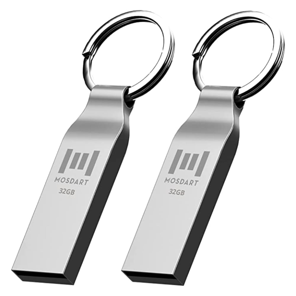 MOSDART Waterproof 32GB USB2.0 Flash Drive, FAT32 Metal Memory Stick with Keychain, for System Back, Data Storage, Silver(Pack of 2)