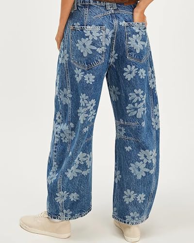 Women Barrel Jeans Casual Wide Leg Baggy Daisy Printed Pants Y2k Boyfriend Mid Rise Denim Ankle Pants3
