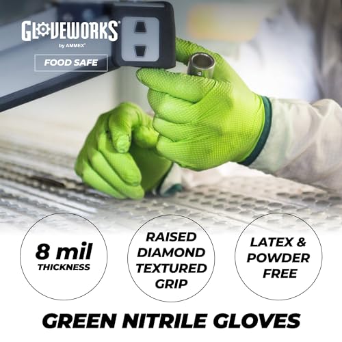 Image of GLOVEWORKS HD Green Nitrile Industrial Disposable Gloves, 8 Mil, Latex-Free, Raised Diamond Texture, X-Large, Case of 1000