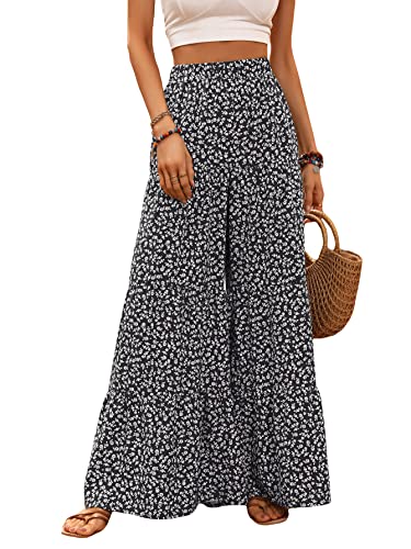 MakeMeChic Women's Floral High Waisted Ruffle Wide Leg Pants Boho Summer Beach Palazzo Pants