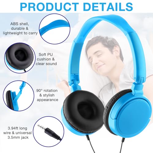 Image of Yunsailing 18 Pack Classroom Headphones Bulk, Wired Headphones,Blue | Student School Supplies, Individually Wrapped, Adjustable, over Ear Head Earbuds, for Laptop PC Computer