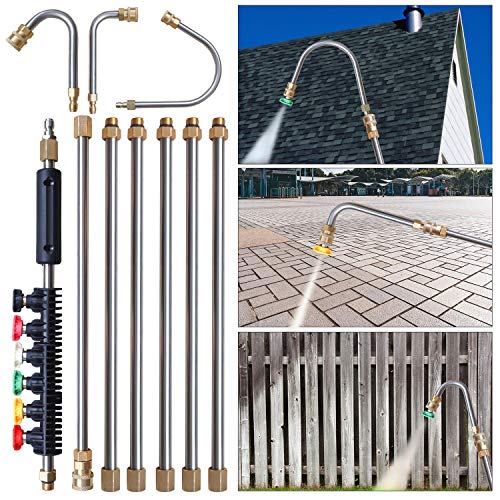 Xiny Tool Pressure Washer Extension Wand, 10 Pack Upgrade Power Washer Lance with 5 Atomization Nozzle Tips, 30°, 90°,1 Gutter Cleaner Attachment Curved Rod, 1/4