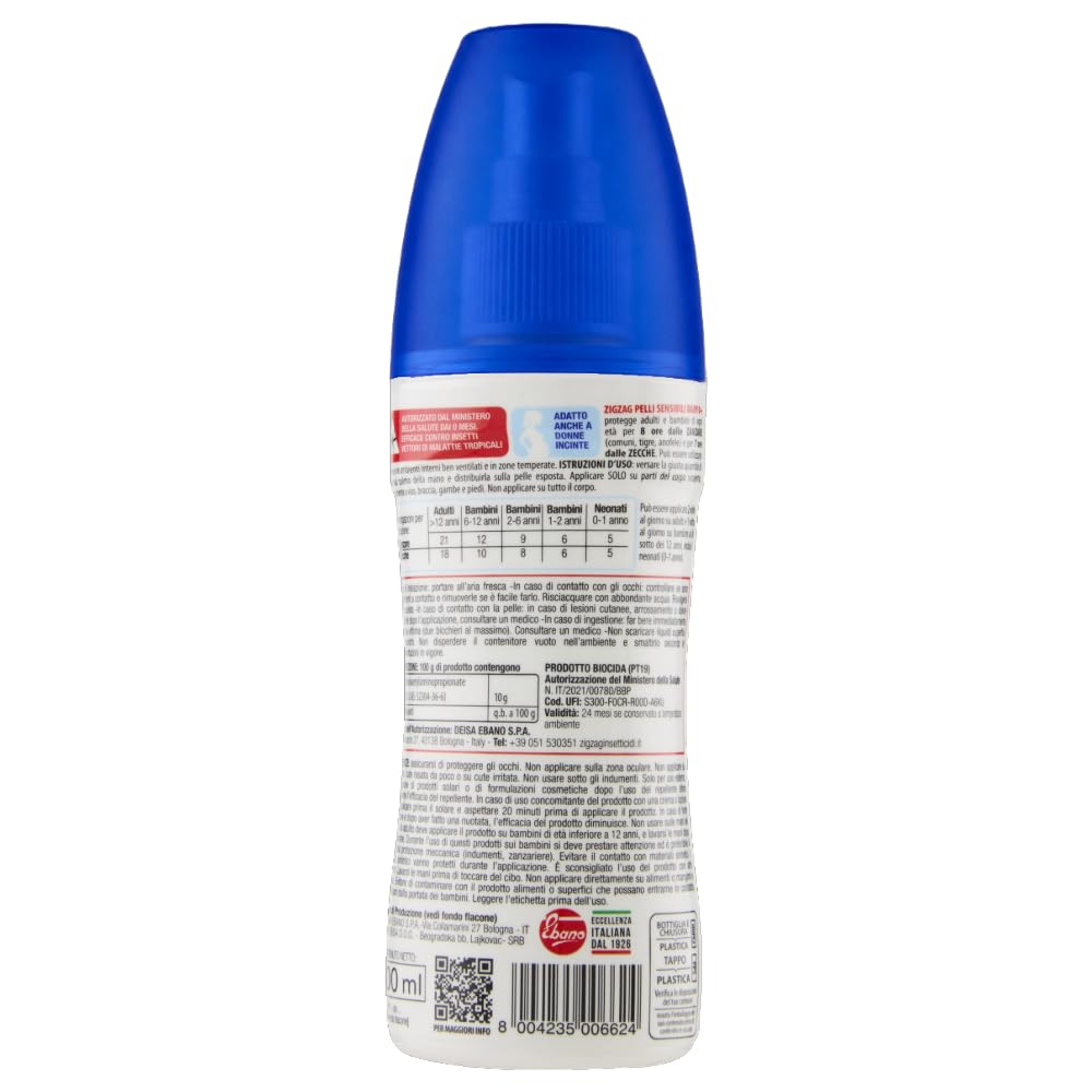 ZIG – ZAG Spray Antizanzare per Bambini e Neonati, Repellente corpo anti zanzare per pelli sensibili, zecche e tafani, senza profumo, 100 ml