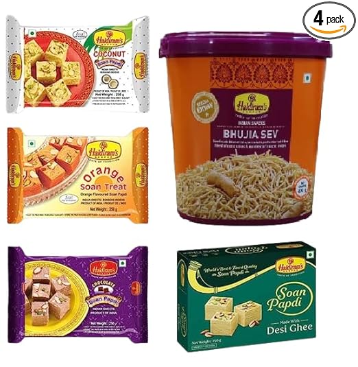 Haldiram's Nagpur Pack of 4 Soan papdi (Orange, Coconut, chocolate, Dessi ghee flavour)250g Each with Bhujiya Jar 600g Combo Pack