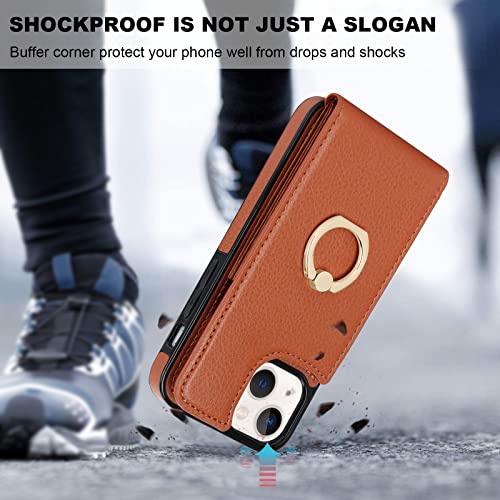 Folosu Compatible With Iphone 13 Mini Case Wallet With Card Holder, 360°Rotation Finger Ring Holder Kickstand Protective Rfid Blocking Pu Leather Double Buttons Flip Shockproof Cover 5.4 Inch Brown #TOP6