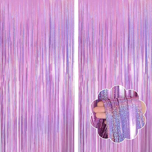 Image of Laser Pink Curtains Fringe Backdrop Streamers Party Decorations 2Pack 3.3 * 8.2FT Pink Birthday Decorations Tinsel Backdrop Curtains Photo Booth Props for Womens Girls Party Decorations