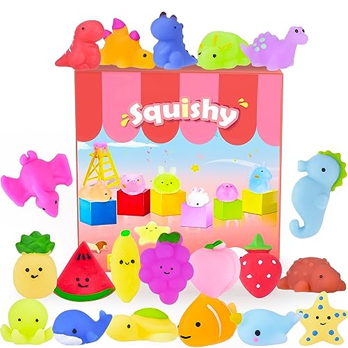Squishys Kawaii Squishy Mini Juguete Suave de Silicona de Alivio de Estrés en Forma de Fruta Dinosaurio Animal Marino, Juguete Pegajoso Sin Tóxico para Niños y Adultos, Patrón Aleatorio 20 Piezas