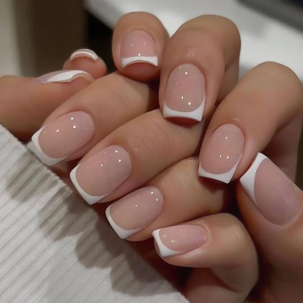 LOPHE Press On Nails Kurz Eckig, 24 Stück Fake Nails Nude mit Kleber, French Press On Nails Künstliche Fingernägel für Frauen und Mädchen, für Weihnachten, Nails Art(A)