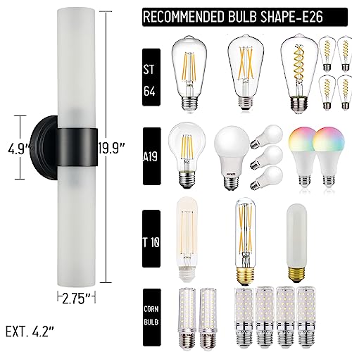 Image of DAYCENT Modern Black Bathroom Vanity Lights Farmhouse 2-Light Frosted Glass Wall Sconce Matte Black Cylinder Sconces Wall Lighting for Bedroom Hallway Living Room, 20 inch H