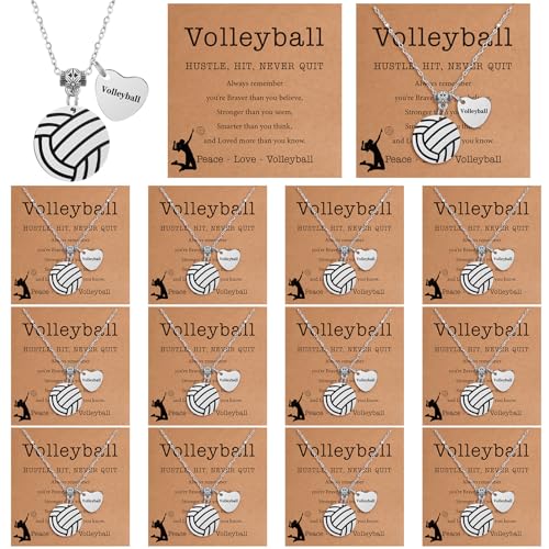 12 Sets Volleyball Team Gifts for Women, Volleyball Necklace Jewelry Sport Pendant with Inspirational Card and OPP Bags for Team Gifts Stuffs Party Favors