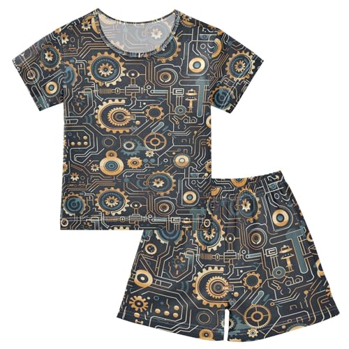 ALAZA Machinery Stylish Pajamas Set Short Sleeve Cotton Sleepwear Summer Pjs 2 Piece 5-14Y