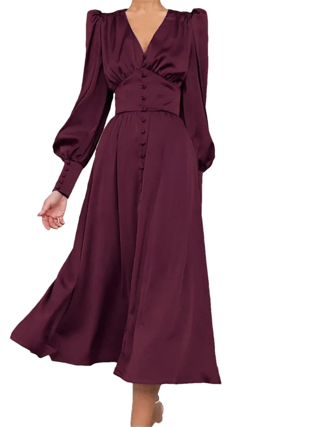 Robe longue en satin à simple boutonnage pour femme - Taille haute - Manches lanterne - Midi