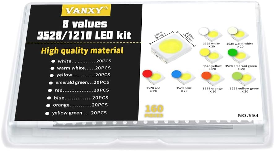 1210（3528 SMD LED Light Kits 8Colors *20PCS=160Pcs (White, Warm White, Yellow, Emerald Green, Red, Blue, Orange, Yellow Green) Light Emitting Diodes