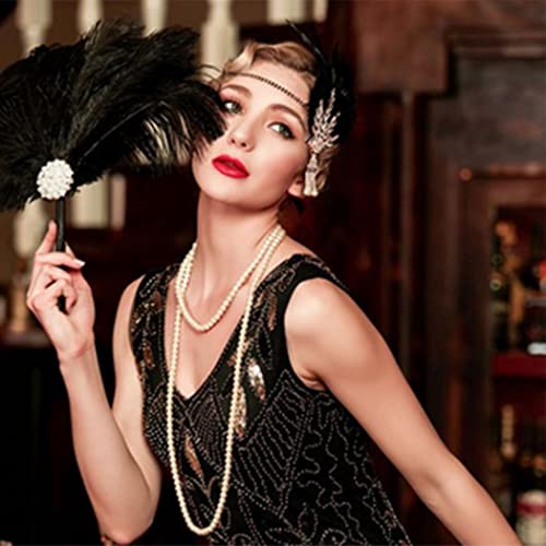 Gortin 1920'S Flapper Feather Headband Art Deco Great Gatsby Headpiece Inspired Leaf Medallion Pearl Headband Bride Wedding Headdress Rhinestones Flapper Feather Hair Accessory For Women And Girls (Black Gold) #TOP4