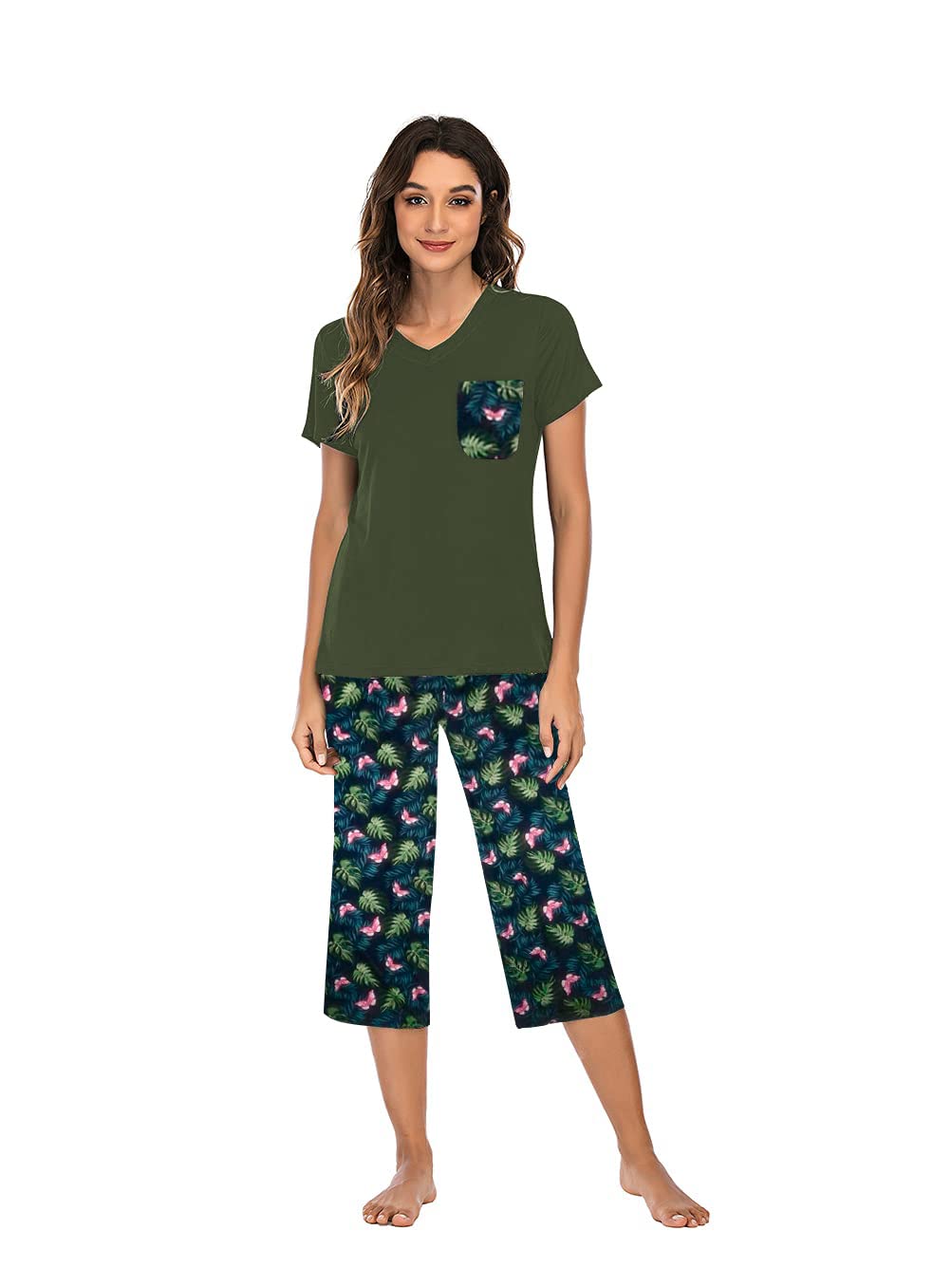 FamulilyPajamas Women Cotton Comfy Pajamas, Ladies Pyjamas Set Floral  Printing Short Sleeve Loungewear Top and Wide Leg Pants Cropped Trousers  Soft