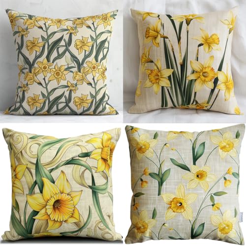Genérico Juego de 4 Fundas de Cojín de 65x65 cm /25.6x25.6 Pulgada,Hermosa pequeña Flor Amarilla,Algodón Lino Funda de Cojine del Sofá con Cremallera Cubierta,para Sofá,Oficina,Coche