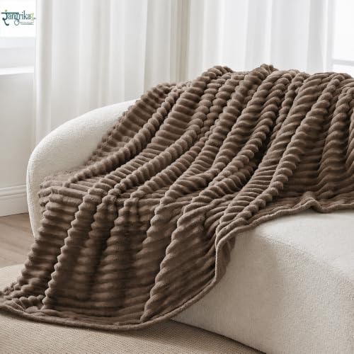 Image of Rangrika.in Ultra Soft Bed Blanket, Premium Flannel Fleece Plush Throw, Ribbed Texture Mink Touch, Lightweight Warm Cozy AC & Mild Winter Use, Machine Washable (Brown, Double)