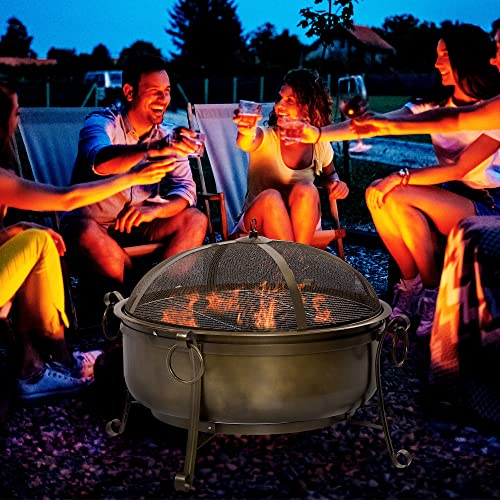 Outsunny 37" Outdoor Fire Pit, Portable Steel Wood Burning Bowl, Grate, Poker, Spark Screen Lid For Patio, Backyard, Camping, Bronze Colored #TOP1
