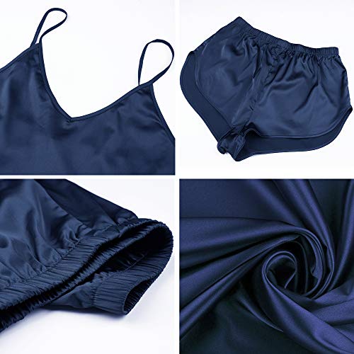 Wiwi Womens Silk Satin Pajamas Set Sexy Sleepwear Cami Shorts Lingerie 2 Piece Nightwear Adjustable Straps S-Xxl, Navy, X-Large #TOP4