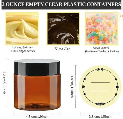 Miniatura 2 de TUZAZO Tarros de plástico ámbar de 2 onzas con tapas y etiquetas sin BPA, paquete de 24 recipientes vacíos pequeños redondos marrones para