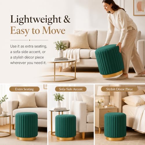 Image of Designer Velvet Round Footstool Ottoman with Sturdy Gold Metal Band Base for Home Decor & Extra Seating, Lightweight Pouf Stool for Sofa Side & Bedroom, 16x16x17 Inch (Seagreen)