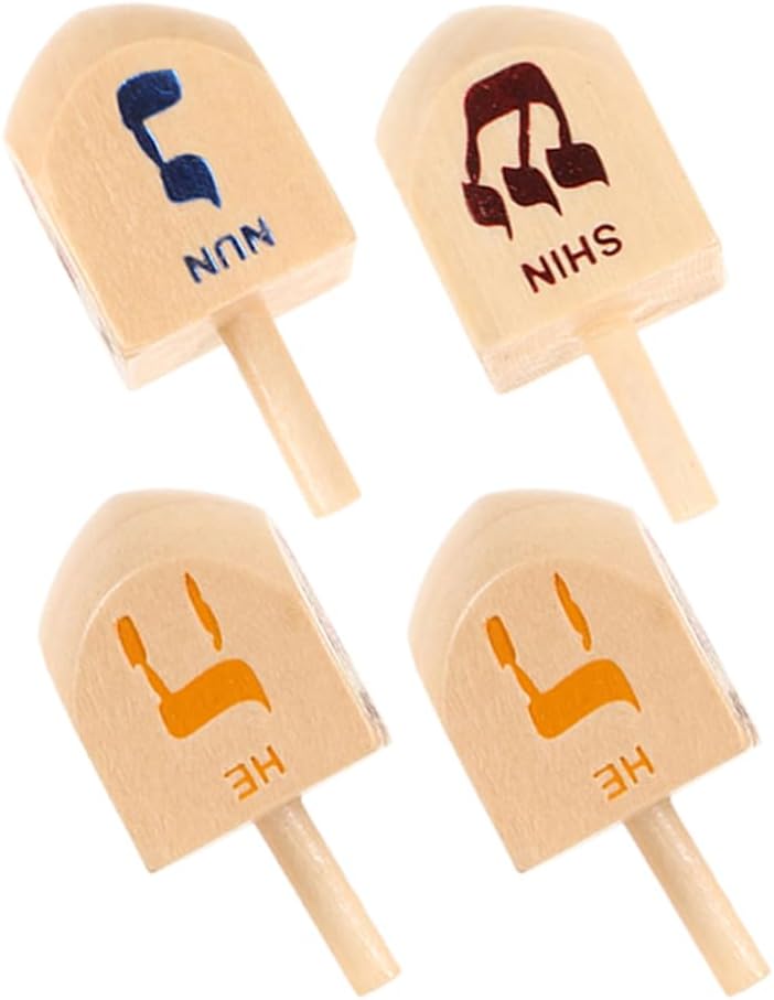 Warmhm 4PCS Hanukkah Wooden Dreidels Hanukkah Spinning Top Wood Spinning Top with Hebrew Letters Wood for Party DIY Projects Crafts