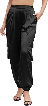 ZAFUL Womens Satin Joggers 2025 Boho Chic Cargo Jogger Pants High Waisted Stretch Silk Ankle Pants Slack Trousers