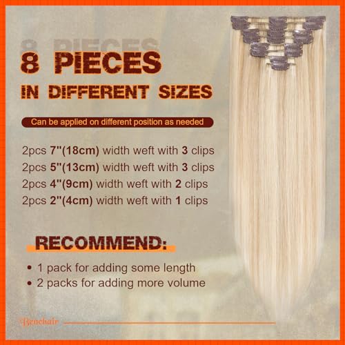 Image of Benehair Human Hair Clip in Extensions Balayage Ash Blonde Mix Bleach Blonde Highlight Hair Extensions for Women Long Straight Remy Natural Full Head 8pcs 24inch No Tape No Glue #18P613