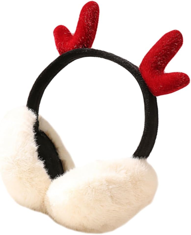 Alipis Ladies Winter Earmuffs Plush Ear Warmers with Foldable White Headband and Festive Antler Decor Soft Ear Covers for Outdoor Cold Weather